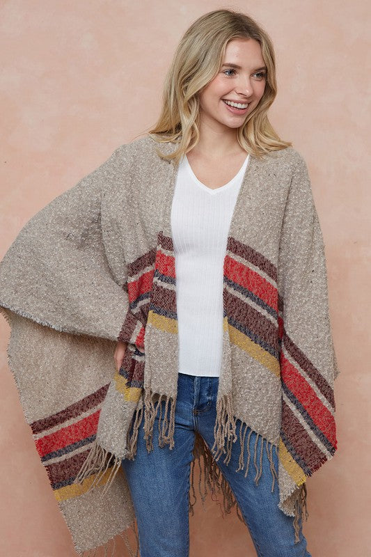 Sweater Shawl Wrap With Multi Stripe Pattern
