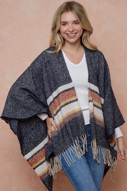 Sweater Shawl Wrap With Multi Stripe Pattern