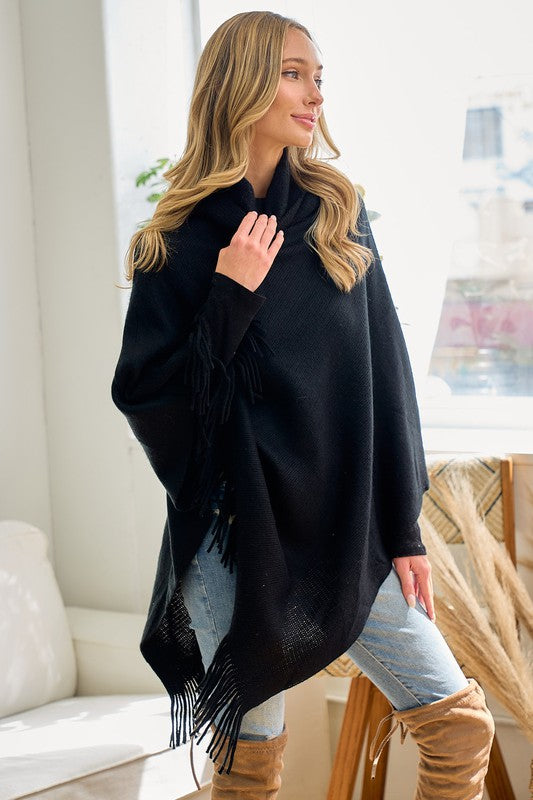 Cozy Sweater Cowl Neck Poncho With Fringe Trim