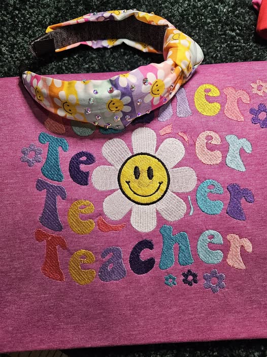 Teacher Smiley Flower Embroidered