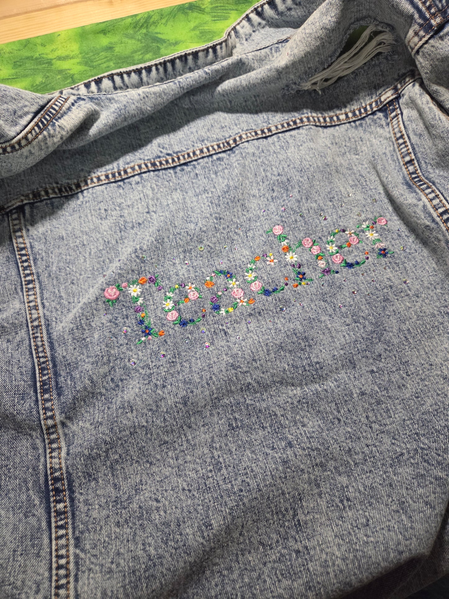 Ready to wear - Unisex Large- jean jacket embroidered and patches CLOSEOUT