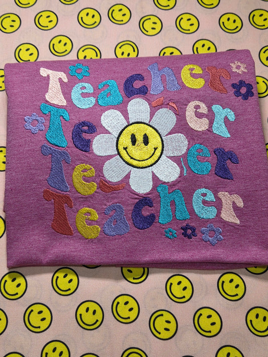 Teacher Smiley Flower Embroidered