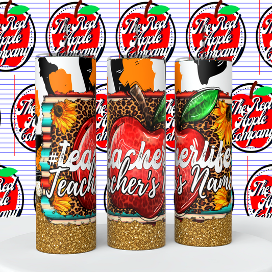 Teacher Life Apple Faux Glitter Tumbler
