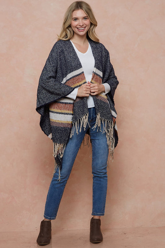 Sweater Shawl Wrap With Multi Stripe Pattern