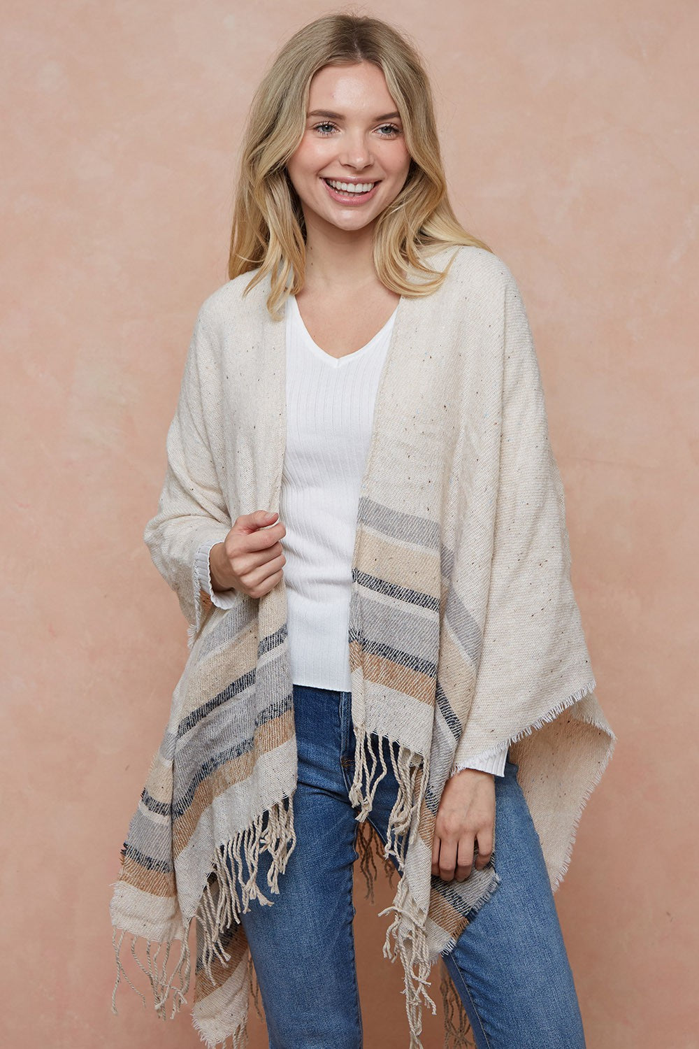 Sweater Shawl Wrap With Multi Stripe Pattern
