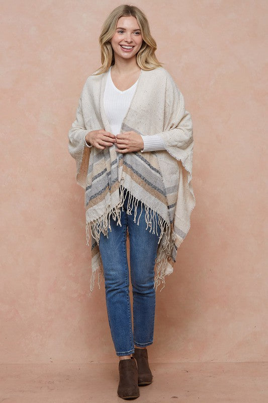 Sweater Shawl Wrap With Multi Stripe Pattern