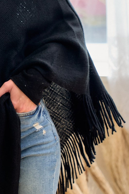 Cozy Sweater Cowl Neck Poncho With Fringe Trim