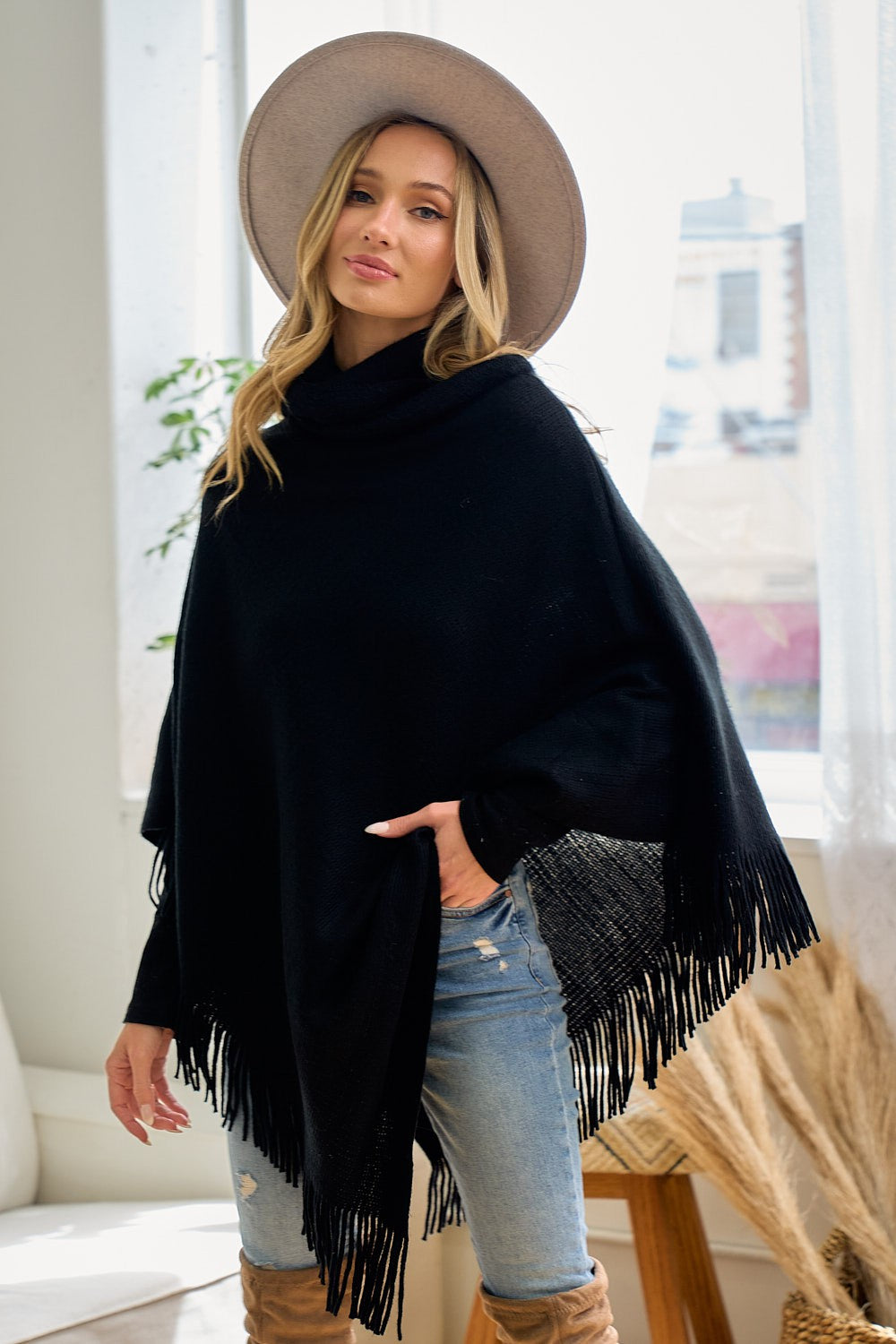Cozy Sweater Cowl Neck Poncho With Fringe Trim