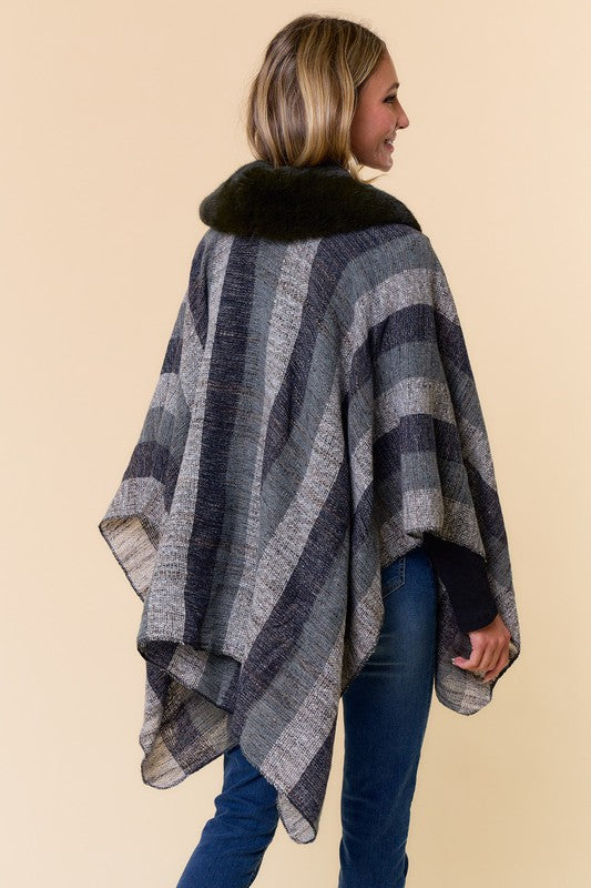 Faux Fur Trim Stripe Shawl Wrap