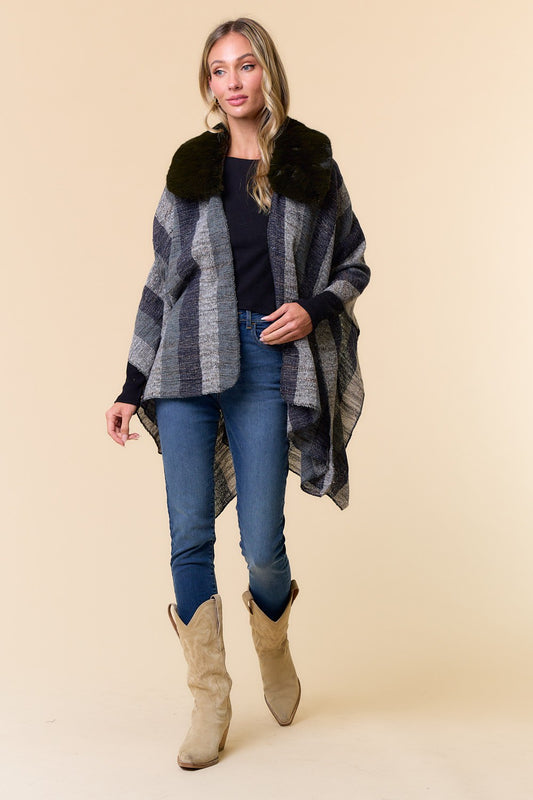 Faux Fur Trim Stripe Shawl Wrap