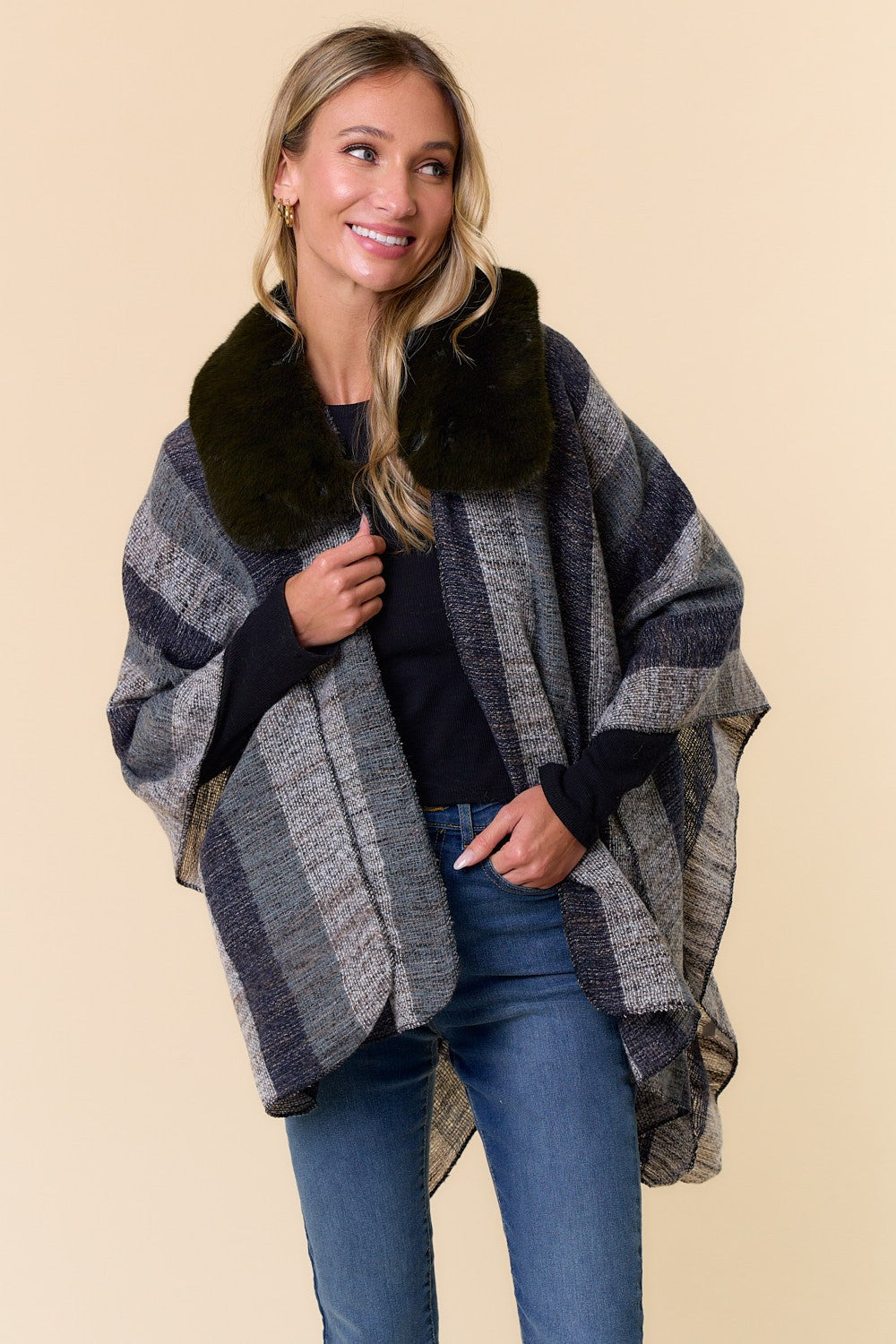 Faux Fur Trim Stripe Shawl Wrap