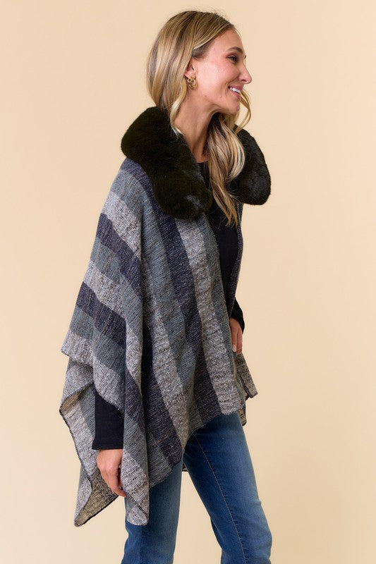 Faux Fur Trim Stripe Shawl Wrap