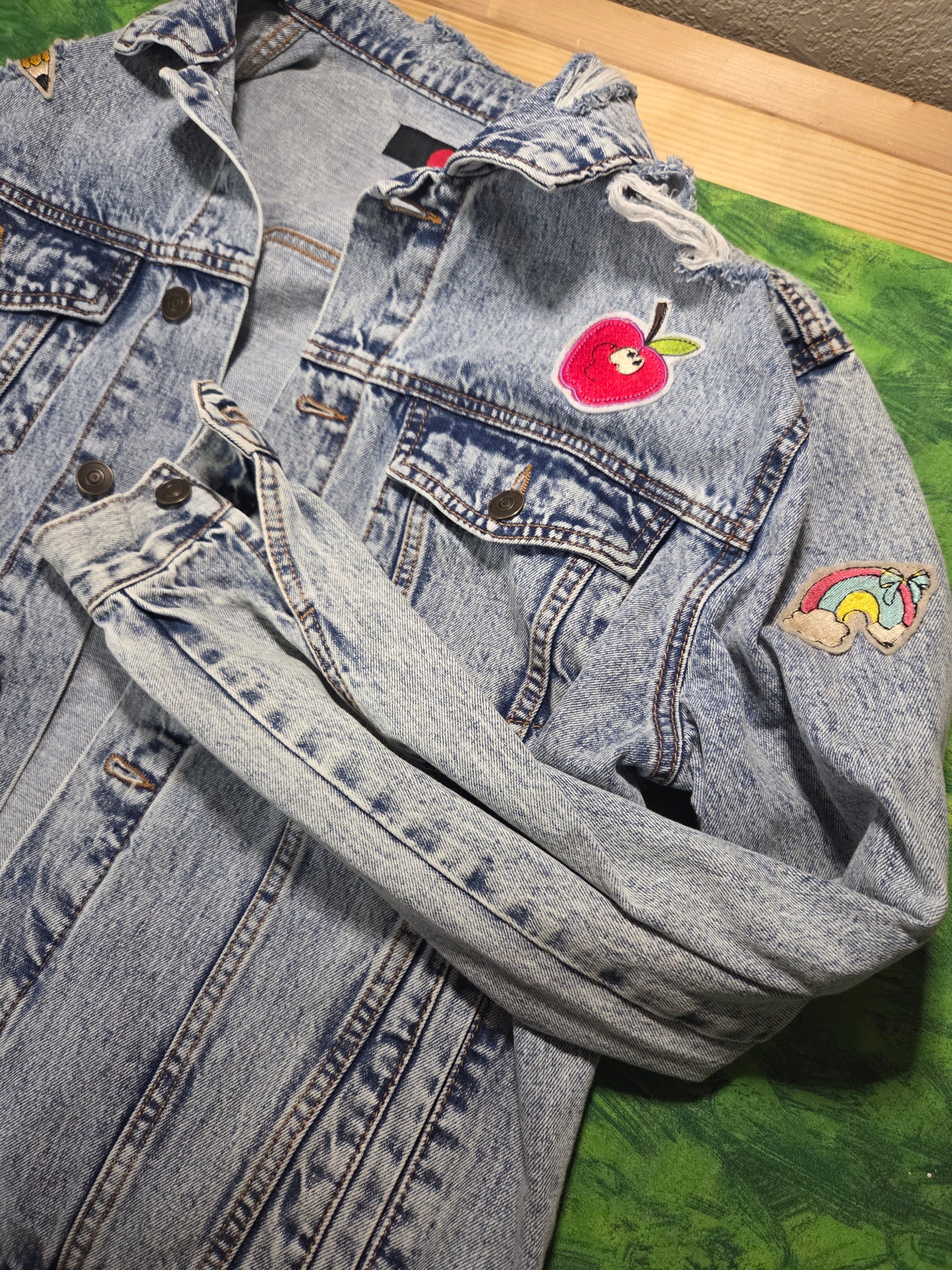Ready to wear - Unisex Large- jean jacket embroidered and patches CLOSEOUT