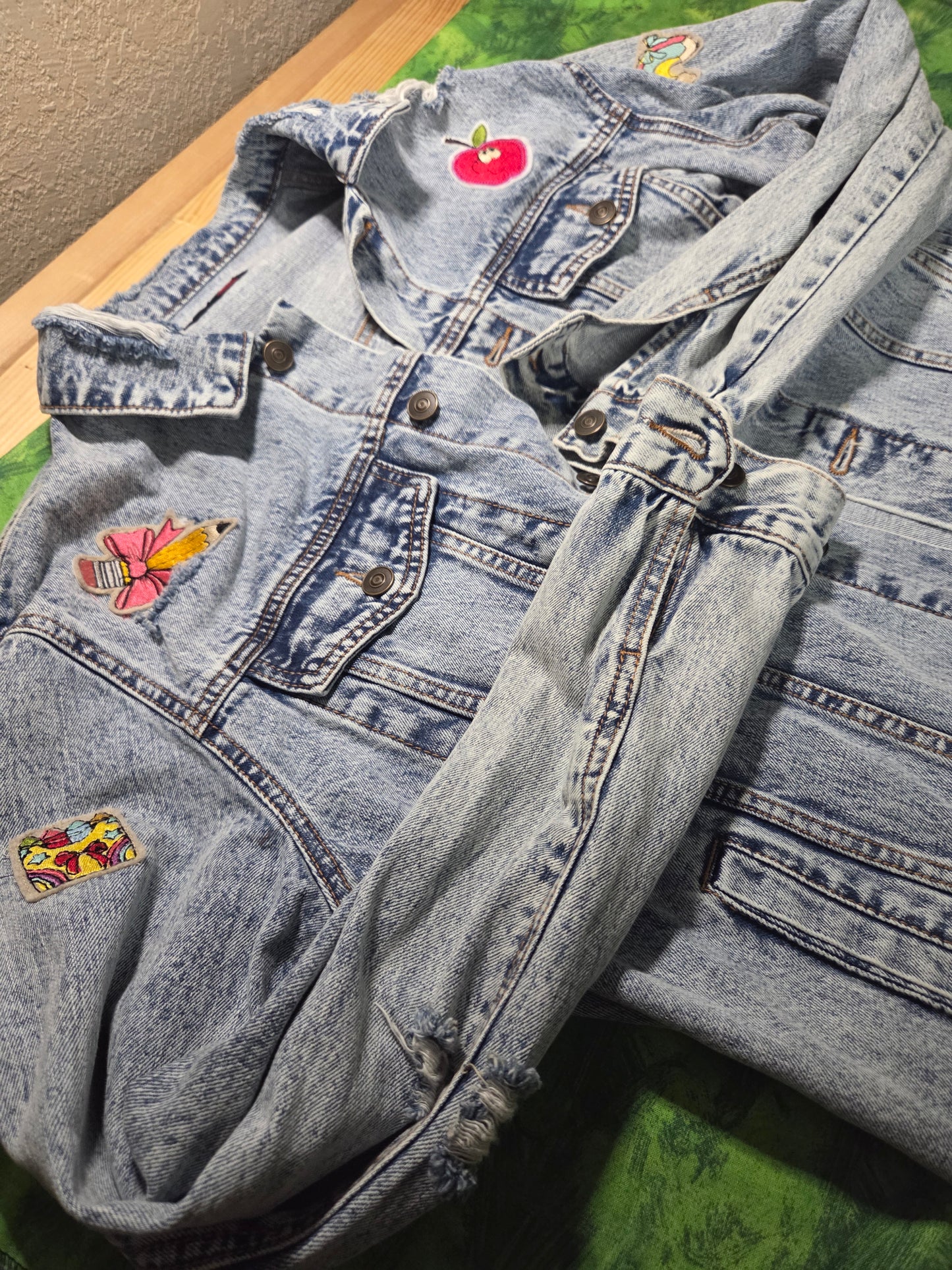 Ready to wear - Unisex Large- jean jacket embroidered and patches CLOSEOUT