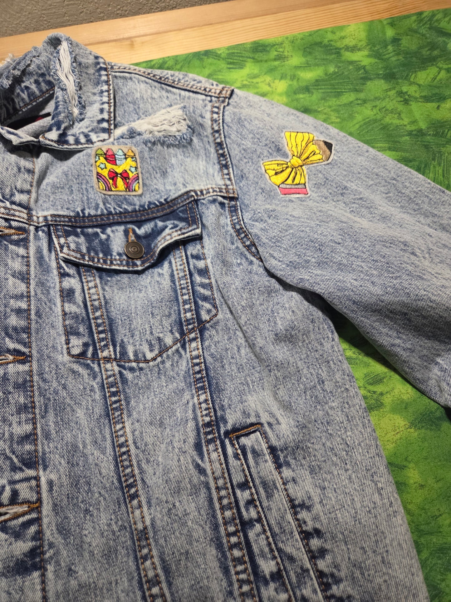 Ready to wear - Unisex Large- jean jacket embroidered and patches CLOSEOUT