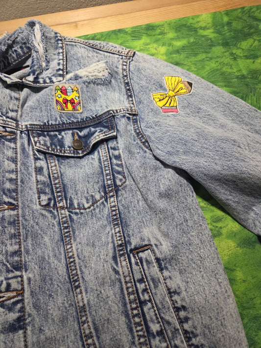 Ready to wear - Unisex Large- jean jacket embroidered and patches CLOSEOUT