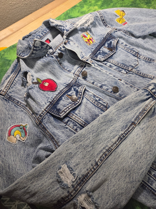 Ready to wear - Unisex Large- jean jacket embroidered and patches CLOSEOUT