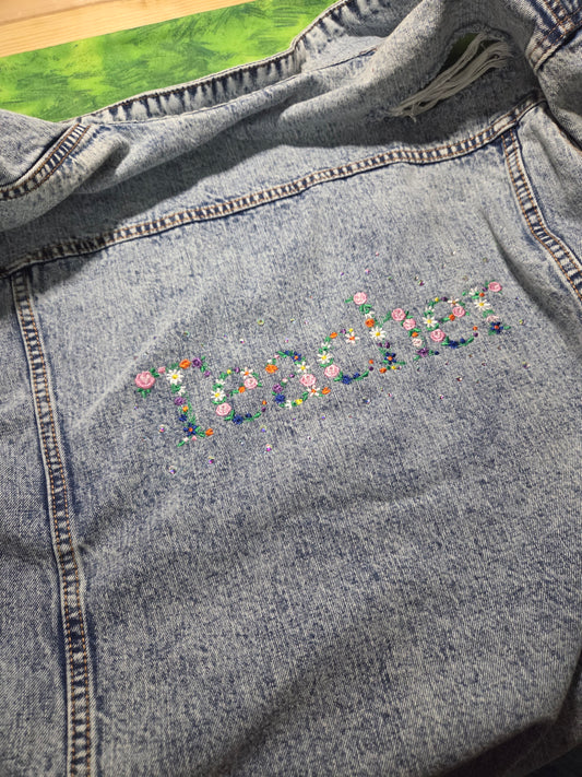 Ready to wear - Unisex Large- jean jacket embroidered and patches CLOSEOUT