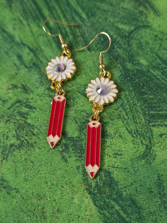 Red crayon flower earrings