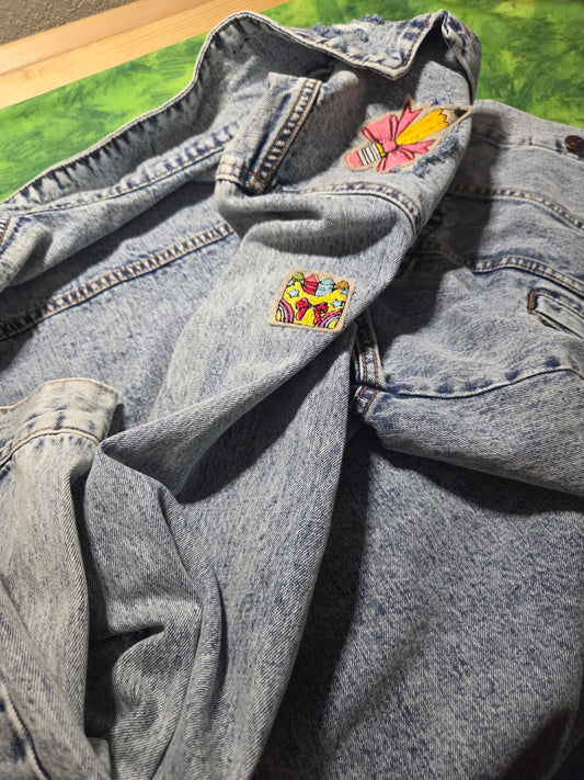 Ready to wear - Unisex Large- jean jacket embroidered and patches CLOSEOUT