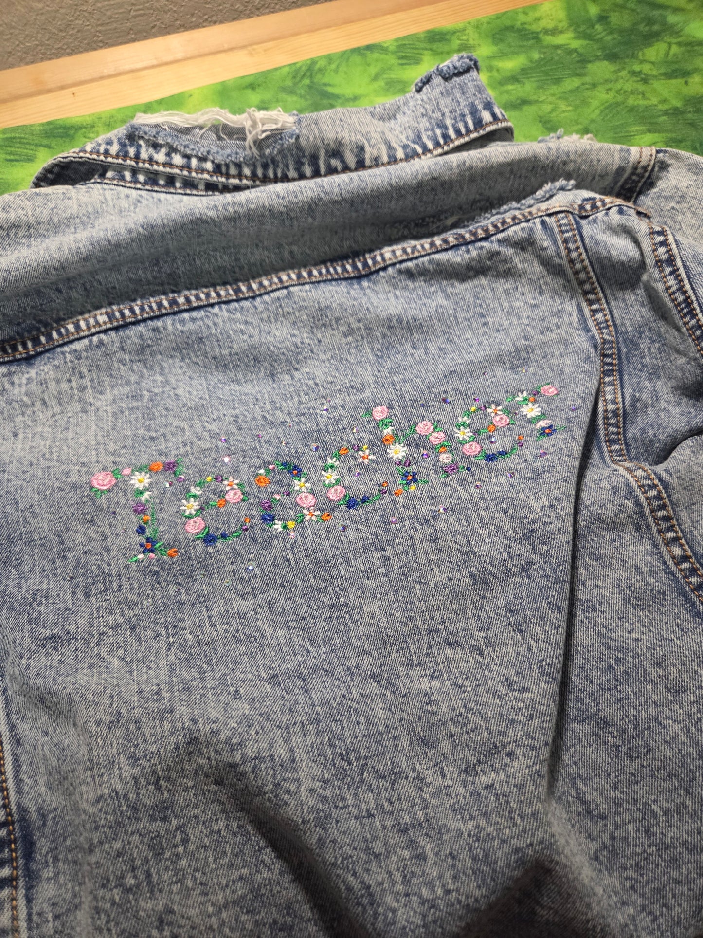 Ready to wear - Unisex Large- jean jacket embroidered and patches CLOSEOUT